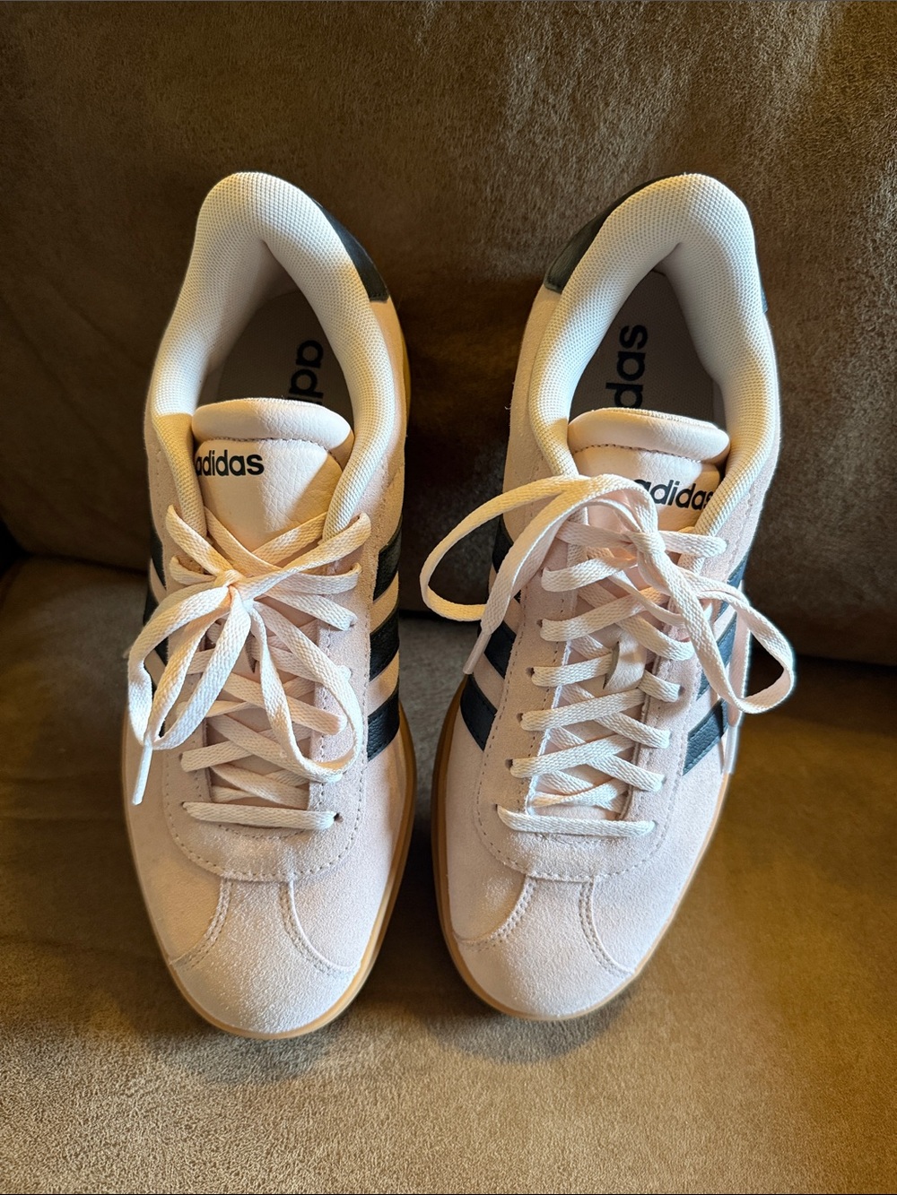 adidas Women's Pale Pink Suede Sneakers with Black Stripes